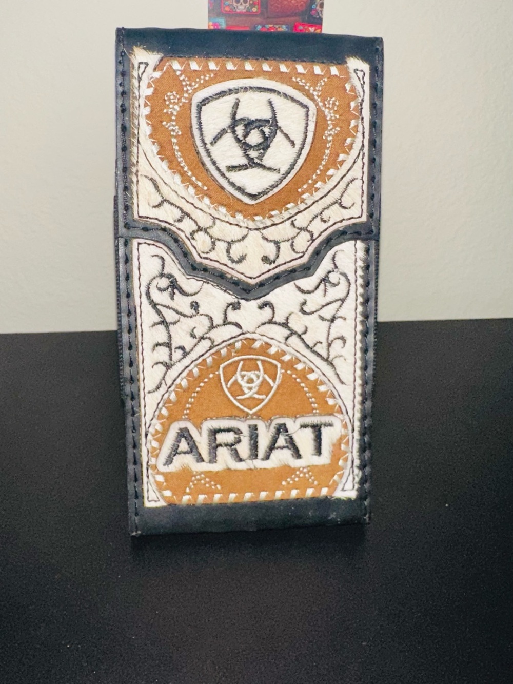 Embroidered Phone case  in Tan & black